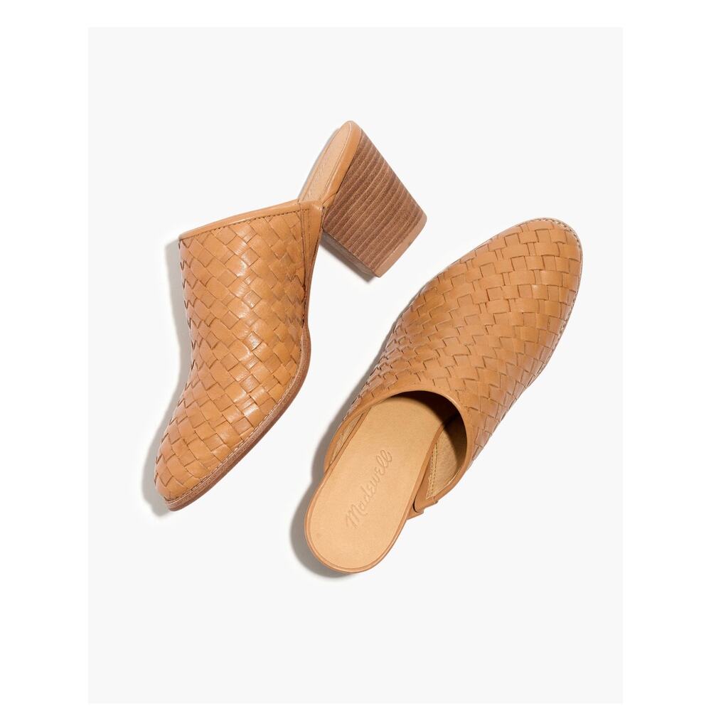 Madewell The Harper Mule Leather Tan Woven Stacked Heeled Shoes Size 7 Office